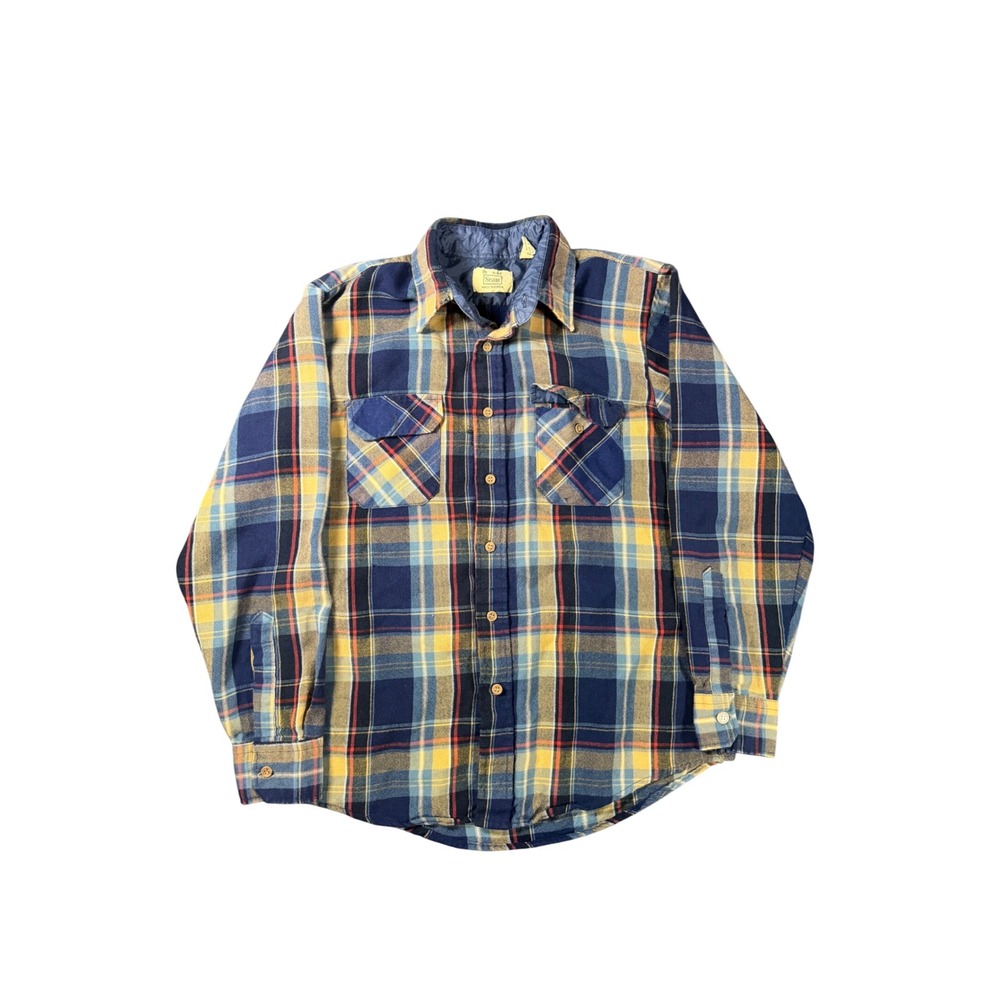 Vintage Sears Flannel Shirt Mens Medium Blue Yellow Plaid Quilt Collar Lined